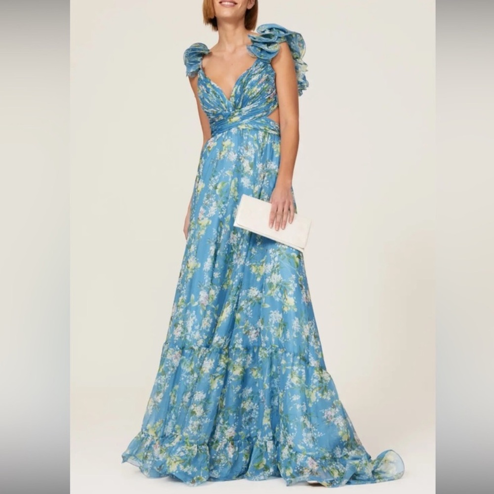 Mac Duggal Turquoise Blue Floral Gown 67803